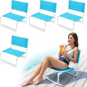 Sintuff 4 Pcs Blue Low Beach Chair for Adults Folding Portable Backpack Beach Chair with Shoulder Strap Poolside Lightweight Short Folding Flip Pool Seat for Edge of Pool Poolside Camping Picnic