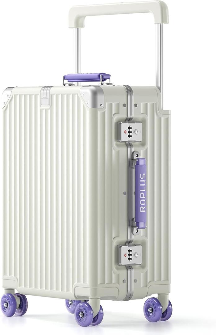 ROPLUS Aluminium Frame Carry on Luggage with Smooth Jelly Wheels, Hardside Zipperless Rolling Suitcase with TSA Lock (WhitePurple, 21-Inch)