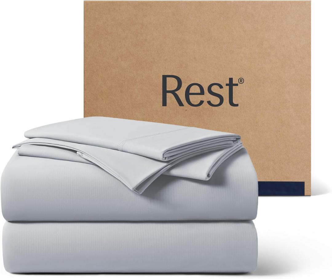 REST Evercool+ Cooling Sheet Set, Queen Size, Light Gray, Breathable Bed Sheets for Hot Sleeper and Night Sweats, with Pillowcases, with Ionic+ Self-Cleaning Silver Yarn for Sensitive Skin, 4PCS