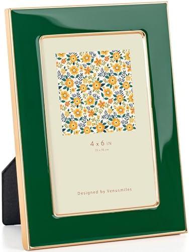 Venusmiles 4x6 Enamel Picture Frame, Gold Metal Edge with Easel, Real Glass Photo Frame for Wall and Tabletop Display Family Office Photo Gallery, Green Enamel/1pc