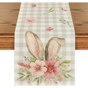 Artoid Mode Buffalo Plaid Bunny Rabbit Ears Flower Easter Table Runner, Spring Summer Seasonal Holiday Kitchen Dining Table Decoration for Indoor Outdoor Home Party Decor 13 x 60 Inch