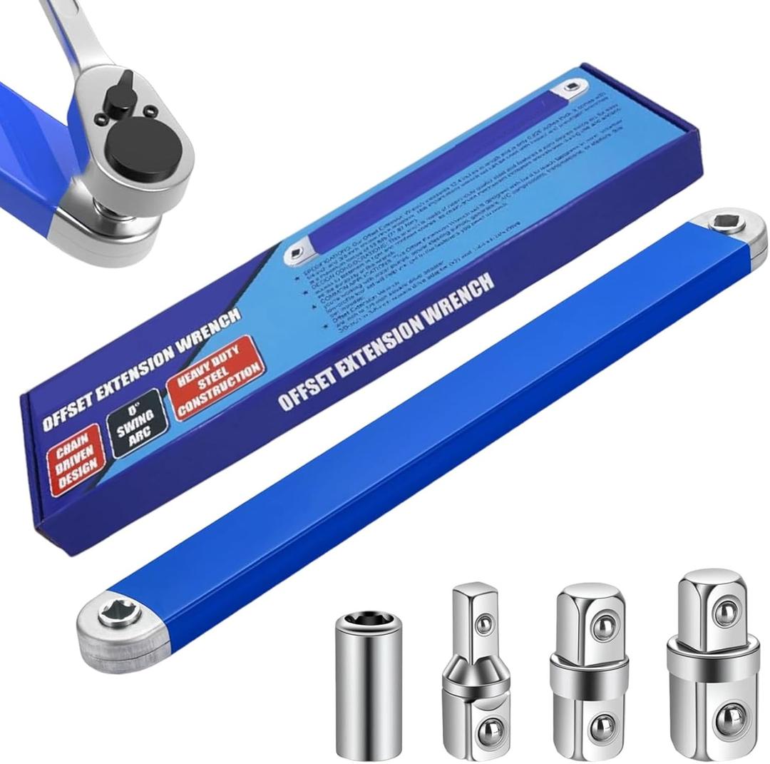 Offset Extension Wrench Set, Impact Ready Socket Ratchet Wrench Extender Tool with 1/2'', 1/4'', 3/8'' Square Drive Adapters, Zero Degree Ratchet Tool Universal Stubby Wrenches Set for Car (Blue-5pcs)