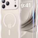 DOMAVER for iPhone 17 Pro Case for Women, 1X Screen Protector+1X Wrist Strap, [Compatible with MagSafe] [Full Camera Protection] Cute Wave Frame Matte Phone Case for iPhone 17 Pro 6.3", Stone White