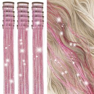 2 x ZYXQZYX Hair Tinsel Kit Pack of 18 Pcs Hair Tinsel Clip in 19.6Inch Glitter Tinsel Hair Extensions Heat Resistant Clip in Hair Tinsel Sparkle Fairy Hair Accessories for Kids Girls Women (Pink)