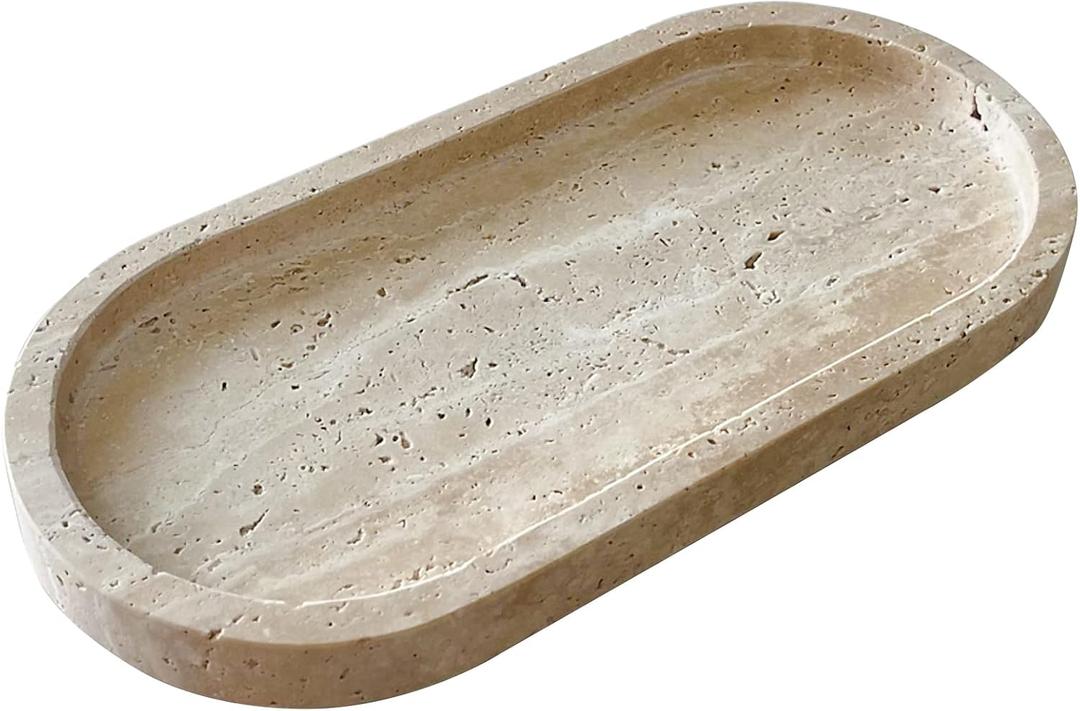 Natural Marble Oval Tray Ornaments Vintage Small Tray Storage Dish for Counter, Vanity, Dresser, Nightstand and Desk (Beige Travertine)