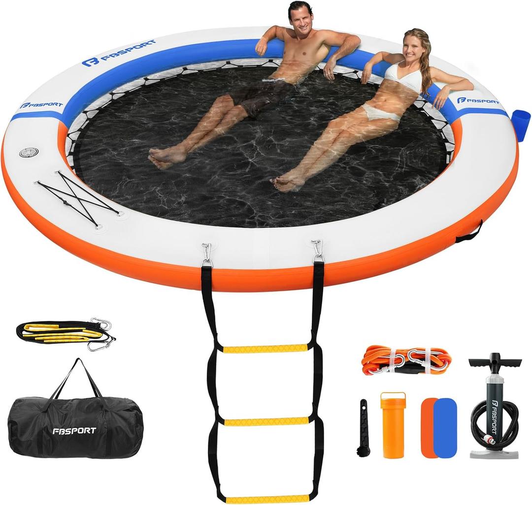 FBSPORT Inflatable Dock Floating Platform, Inflatable Water Hammock Floating Deck for Lake W/Cupholder, Round Floating Ring Sunchill Float Ring, Pool Float Raft Lounger Island Platform Pad (Blue Orange)