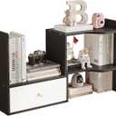 Expandable Wood Desktop Bookshelf, Freestyle Adjustable Wood Display Desk Shelf Counter Storage Rack Top Bookcase for Office & Home (Black)