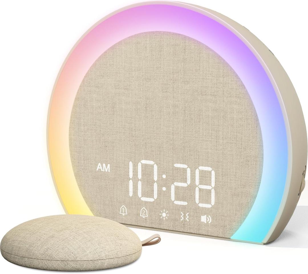 ANJANK Extra Loud Alarm Clock with Wireless Bed Shaker, Vibrating Dual Alarm with Light Wake Up for Heavy Sleepers & Hearing Impaired, 9-Color Night Light, 8 Sounds, 0-100% Dimmer, USB Charger (Latte)