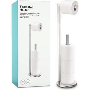 Toilet Paper Holder Stand, Bathroom Toilet Paper Roll Holder Stand with Reserve, Standing Toilet Paper Holder with Storage,Toilet Paper Roll Holder for 4 Rolls, Brushed Nickel