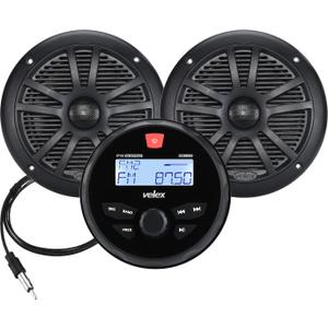 Velex Marine Stereo Speaker Package Bluetooth, MP3 USB AM FM Marine Stereo - 2 x 6.5 Inch Black Speakers, Antenna