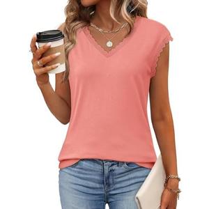 JUSTFASHIONNOW Lace Blouse Soft Cap Sleeve Tops for Women Summer V Neck Tank Tops Dressy Casual Shirts Trendy Clothes L