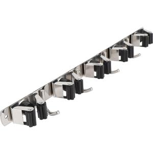 CUIFATI Wall Mounted Broom Organizer with 5 Slots 4 Hooks, Stainless Steel Mop Holder for Garage Laundry Room, Easily Insert and Remove Tools
