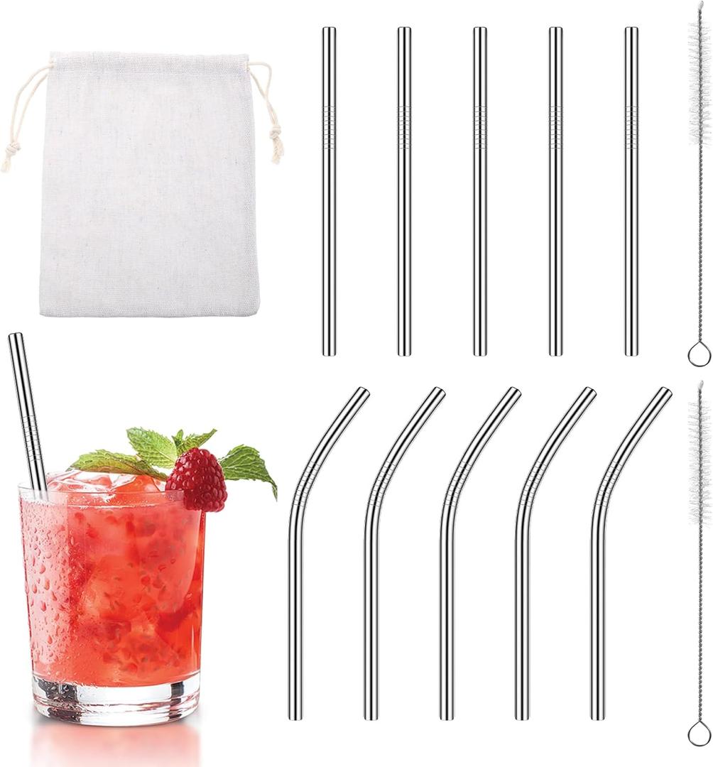 10 Pack Short Metal Straws Reusable Stainless Steel Straws 5 Straight 5 Bent 5 Inch Cocktails Straws Drinking Straws with 2 Cleaning Brush for Coffee Mugs, Small Glasses or Cups