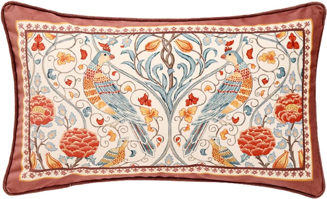 patdrea Designer Vintage Throw Pillow Covers 12"x20",Red Soft Velvet Lumbar Pillows Cover with Birds Floral Pattern,Rectangular Farmhouse Decorative Pillowcases for Couch Bed Living Room Outdoor