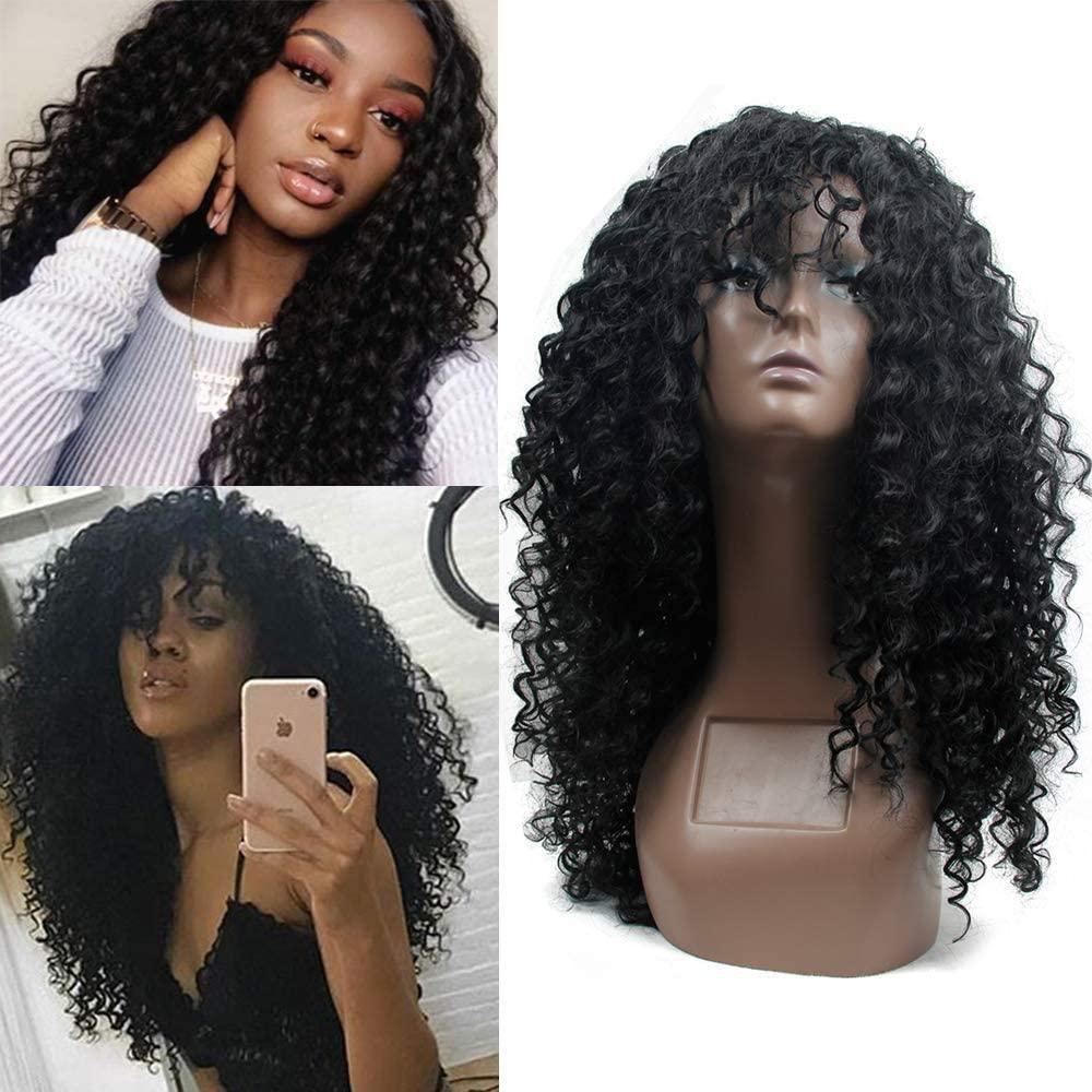 YXCHERISHAIR Curly Wigs for Black Women Natural Black Long Curly Afro Wig with Bangs Synthetic Kinky curl Hair Replacement Wigs for Cosplay and Daily (1B, 24inch)