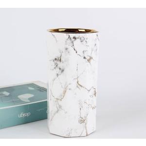 Generic White Gold Finish Marble 10"" Ceramic Flower Vase Home Decor Vase and Table Centerpieces Vase Octagon Modern Clean Minimalist, Noopy10525