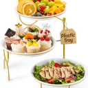 Lifewit Plastic 3 Tier Serving Tray Platter for Party Entertaining, 10"  10" Large Dessert Table Display Set, White Reusable Round Dishes with Gold Metal Display Stand for Veggie, Fruit, Cookies