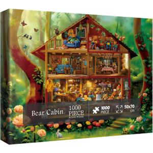 Bear Cabin Puzzles for Adults 1000 Pieces, Colorful Landscape Animal Art Jigsaw Puzzles, Beautiful Bird Flower Butterfly Owl Puzzle