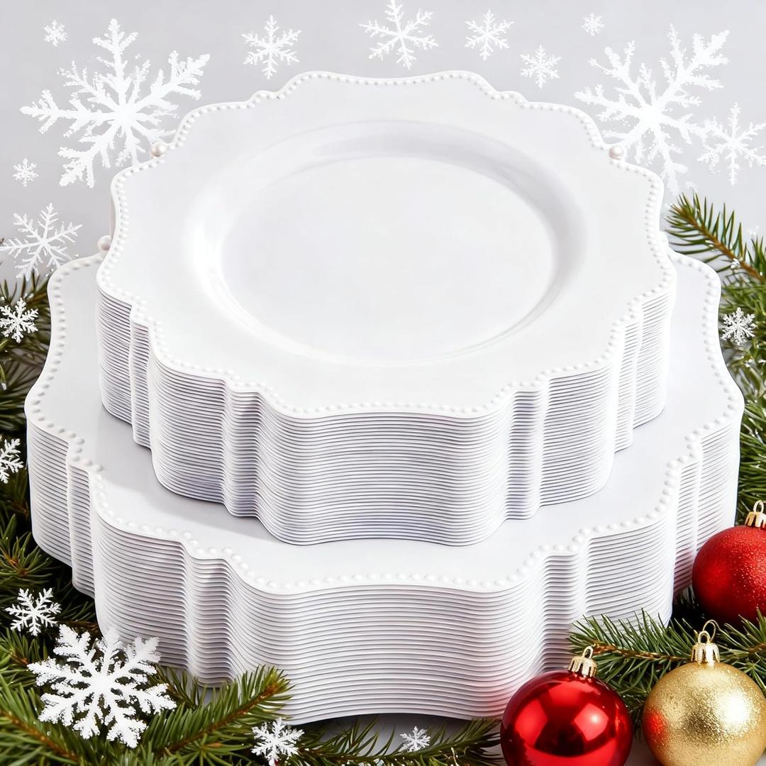 COLOSUS 60PCS White Plastic Plates for 30 guests-Fancy Plastic Beaded Plates,Disposable Christmas plastic plates,Include 30 PCS 10.5" Dinner Plates & 30PCS 8.25" Dessert-Platos for Christmas