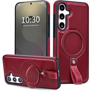 for Samsung Galaxy S25 and S24 Leather Case with Stand, Anti-Slip Grip Ring, Fits for MagSafe (Burgundy, S25/S24-6.2inch)