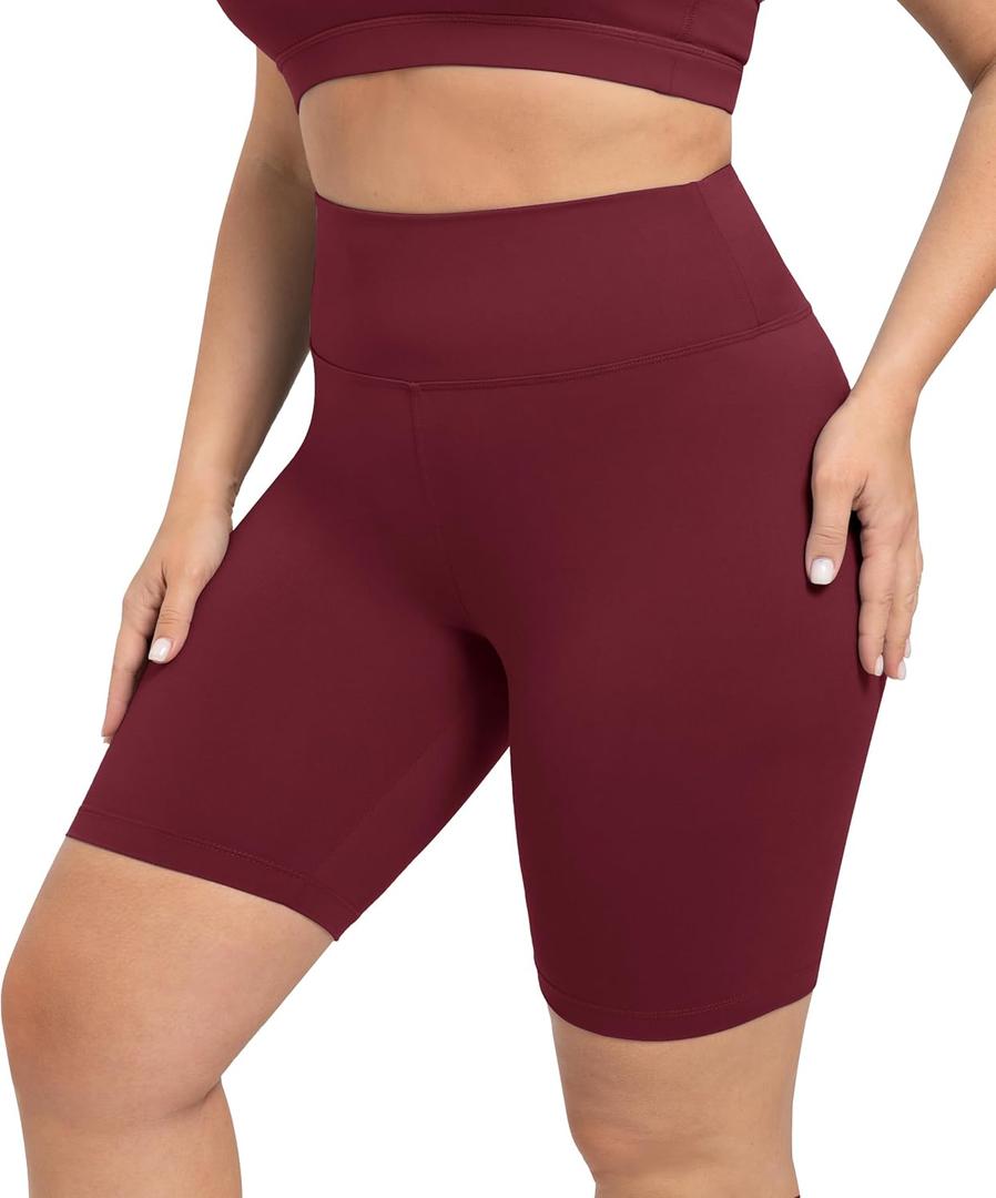 VALANDY Creamlush Plus Size Biker Shorts for Women - 8" High Waisted Ultra Soft Yoga Shorts(L-XL) (Wine Red)
