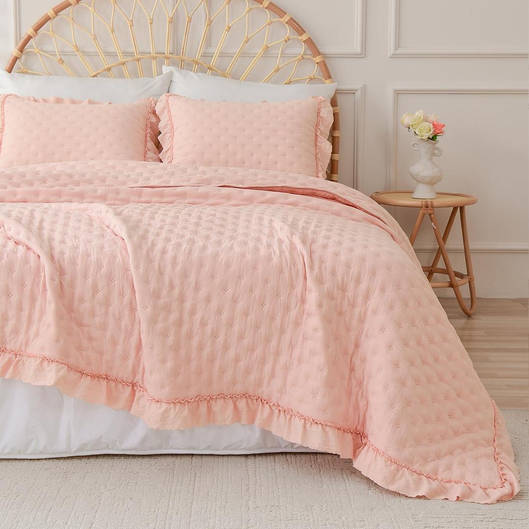 Cmfshape Pink Ruffle Quilt Bedding Set Twin XL – 3 Piece Ultrasonic Ruffled Bedspread with Scalloped Edges, Cute Shabby Chic Ruffle Bedding Set, Lightweight All Season Coverlet (80"x90")
