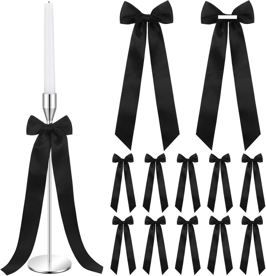 12 Pcs Black Candlestick Bows Decor 13 Inch Large Coquette Decorations Bows for Table Self Adhesive Candle Holder Gift Wrapping Wedding Bridal Shower Bachelorette Party Centerpieces