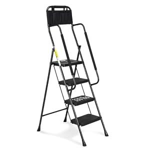 HBTower Step Ladder with Handrails, 4 Step Ladder with Attachable Tool Bag
Anti-Slip Wide Pedal for Home Kitchen Pantry Office, Black