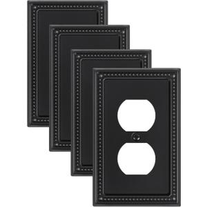 4-Pack Duplex Outlet Cover, Black Metal Wall Plates for Electrical Outlets, 1 Gang Receptacle Light Switch Cover, Pearls Beaded Decorative Switch Plates and Outlet Covers