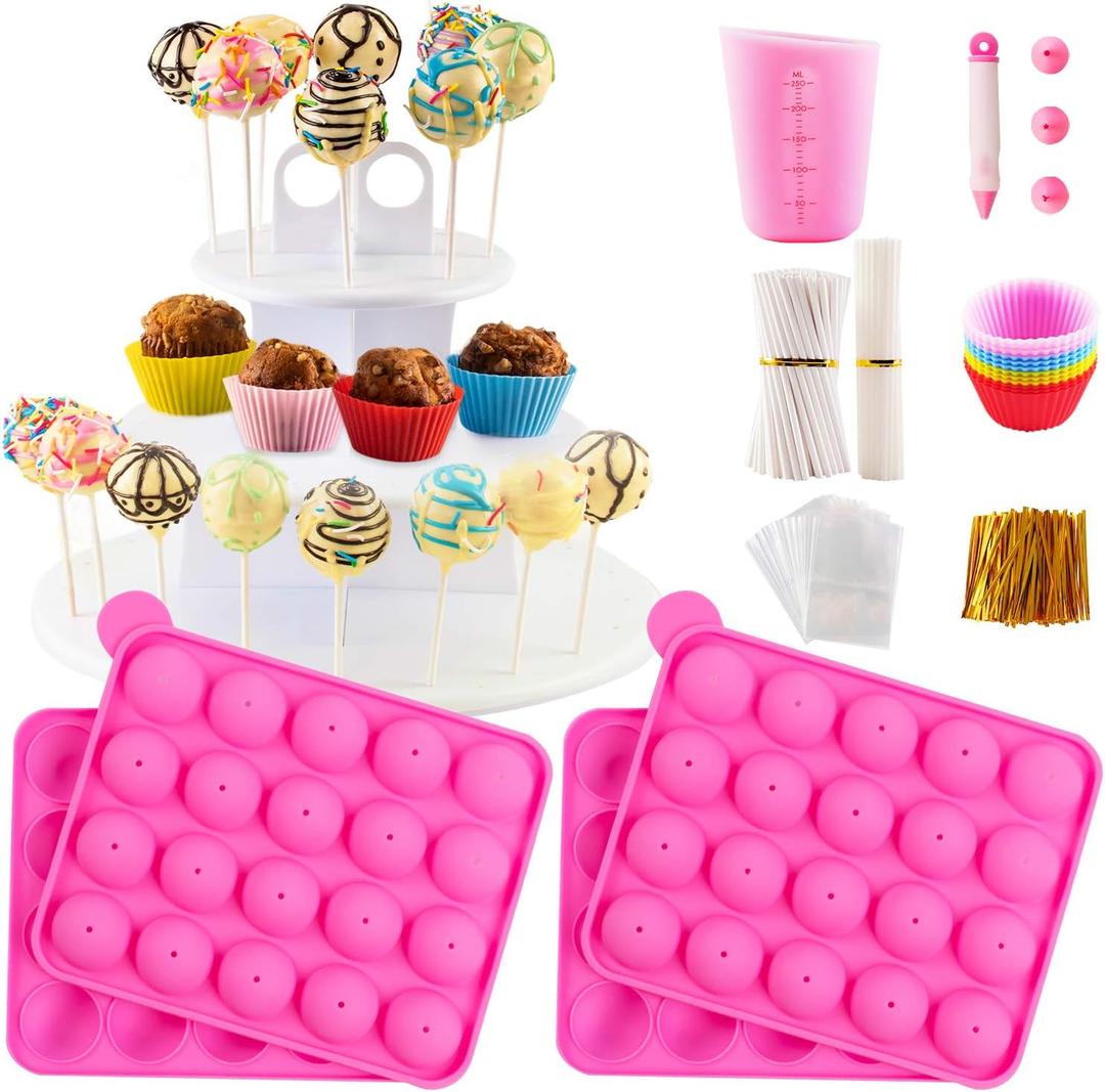 Cake Pop Maker Kit with 2 Silicone Mold Sets with 3 Tier Cake Stand, Chocolate Candy Melts Pot, Silicone Cupcake Molds, Paper Lollipop Sticks, Decorating Pen with 4 Piping Tips, Bag and Twist Ties (9.06*7.48*1.57 inch, Pink)