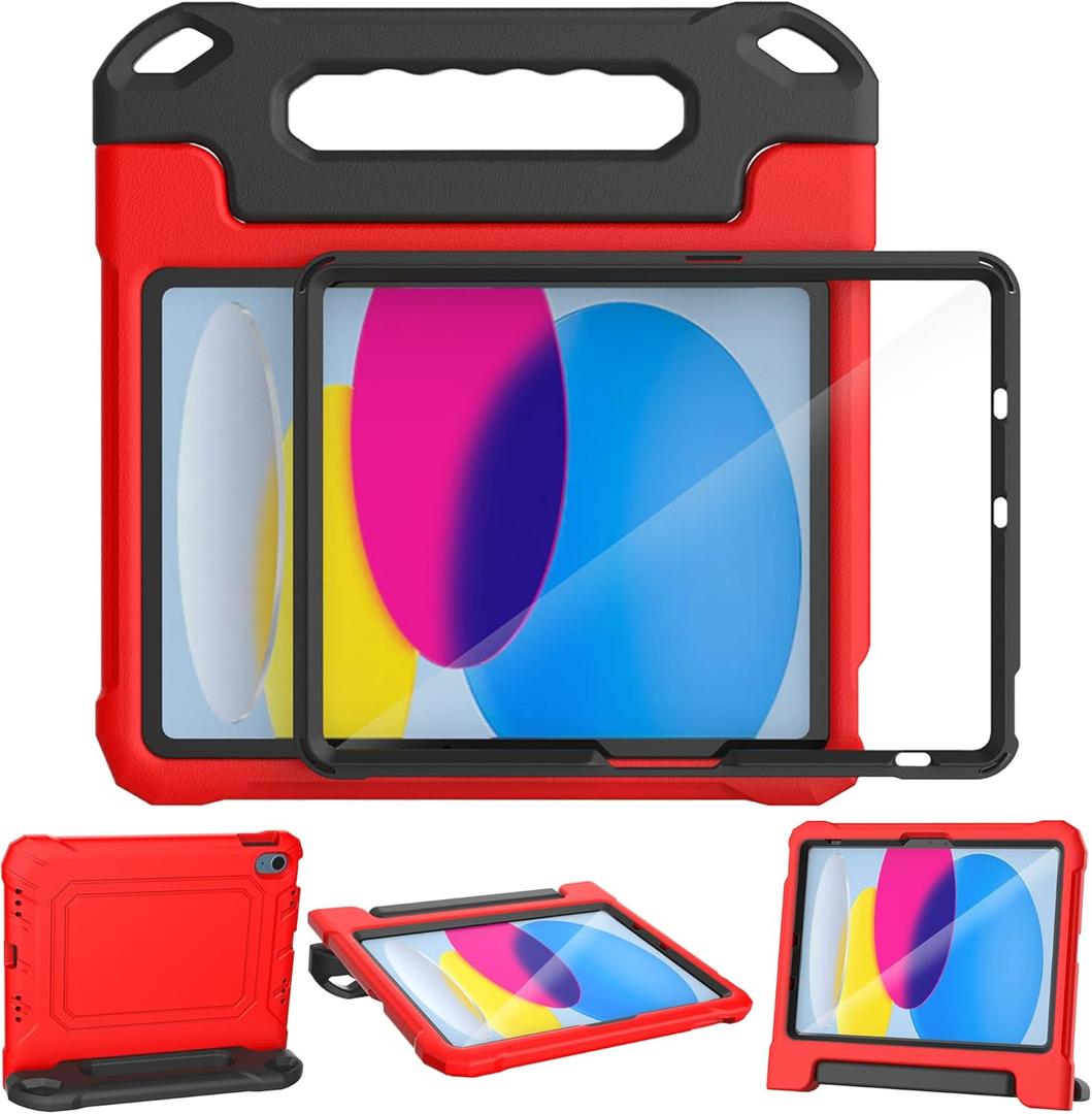 YIHE Kids Case for iPad (A16) 11th Generation 11 Inch 2025 & iPad 10th Generation 10.9 inch 2022, with Built-in Screen Protector and Handle Stand, Full Body Shockproof Protective Cover, RedBlack