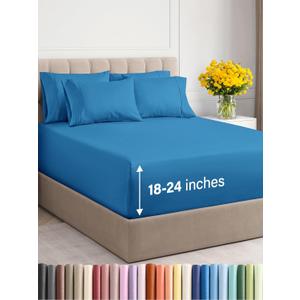Extra Deep Cal King Sheet Set - 6 Piece Breathable & Cooling Sheets - Hotel Luxury Bedding Set w/18-24 Inch Extra Deep Pockets - Easy Fit - Super Soft, Wrinkle Free & Comfy - Denim Blue, Cal King Size