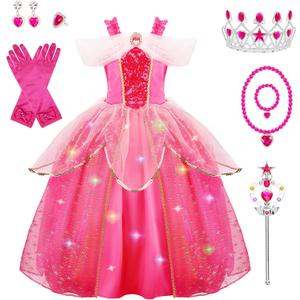 Meland Princess Dresses for Girls - Light Up Princess Dress Up for 3-10 Year Old, Costume for Girls Halloween Birthday (7-8 Years, Pink)