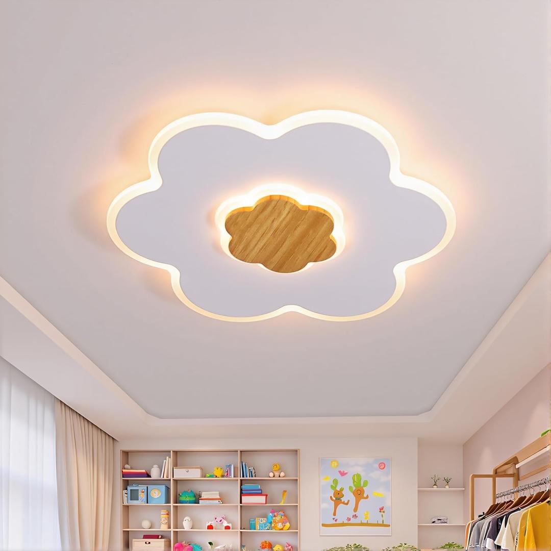LED Ceiling Light Fixture 15.7in Dimmable Flower Shape Wooden Nursery Light with Remote for Kids Room, Bedroom, Living Room
