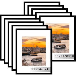 JCJMY 10 Packs 11x14 Picture Frame, Display 8x10 with Mat or 11x14 Without Mat, Black Gallery Wall Frame Set, 11 by 14 Frames Bulk Set of 10 Collage Wall Decor Photo Frames Set for Wall, Black