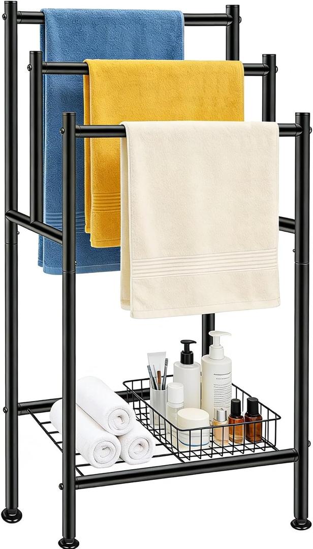 Standing Towel Rack, 3 Tier Towel Racks for Bathroom with Storage Shelf, Freestanding Metal Pool Blanket Holder Floor Towel Drying Rack Outdoor, Black