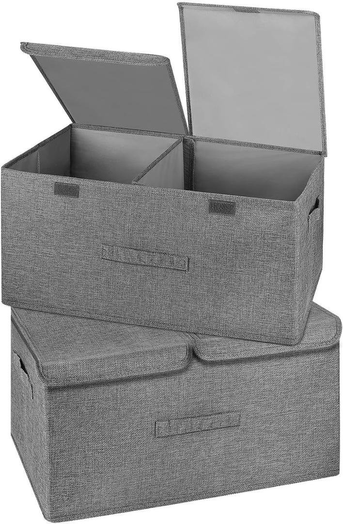 2 Pack Large Storage Boxes with Lids and Handles, Collapsible Linen Storage Bins Organizer Containers Baskets Cube with Removable Divider for Home Bedroom Closet Office (Grey, Large)