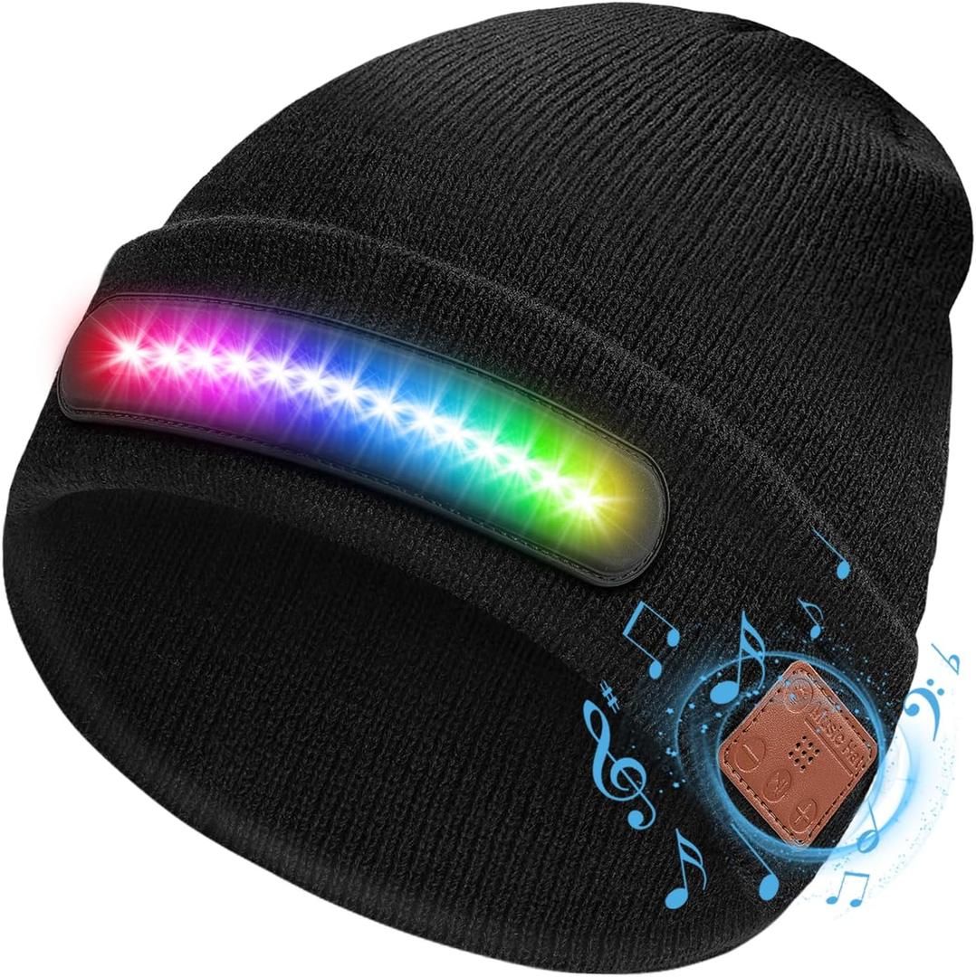 Hinshark Valentines Day Gifts for Him, Bluetooth Beanie Hat with Lights, Unisex LED Bluetooth Beanie Gifts for Men and Women (Dark Black)