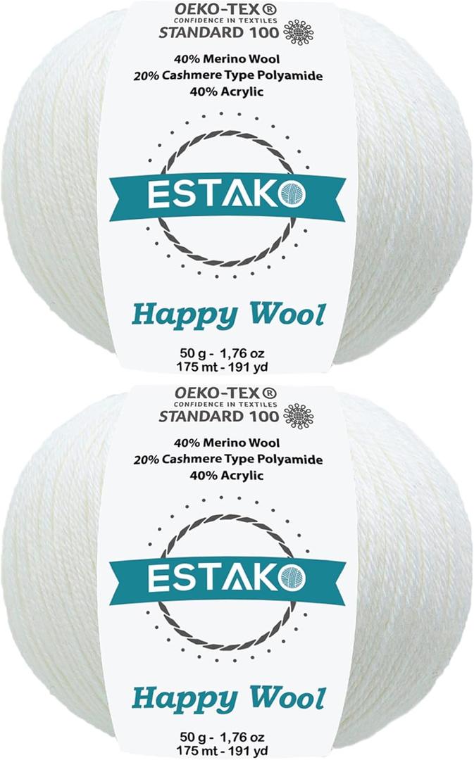 Estako Happy Wool (2 Skeins Pack) 40% Merino Wool 20% Cashmere Type Polyamide 40% Acyrlic Fingering Weight Soft Knitting and Crochet Yarn (2 x 1.76 oz) (2 x 191 yds) (8001 - White)