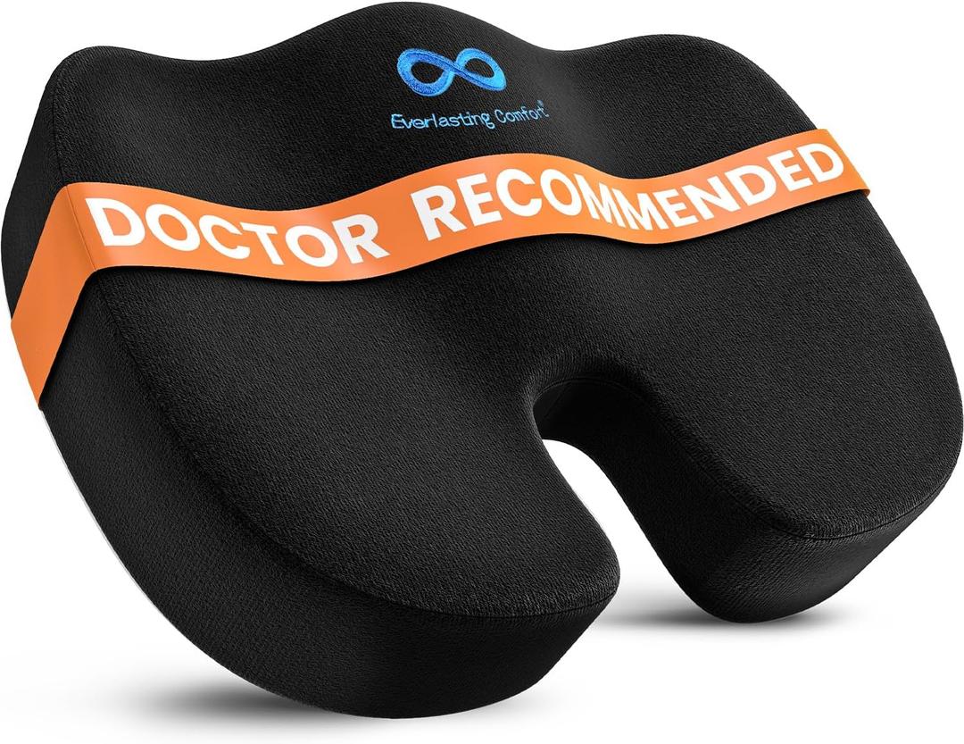 Everlasting Comfort Doctor Recommended Memory Foam Seat Cushion for Office Chairs & Car Seat - Ergonomic Office Desk Accessories for Tailbone Pain Relief, Sciatica & Back Support (Black)