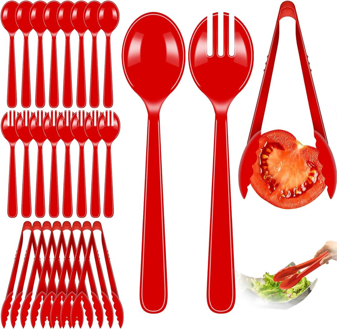 24 Pcs Serving Utensils Set - 8 Tongs, 8 Spoons, 8 Forks | Heavy Duty Plastic Disposable Red Party Supplies for Buffet, Holiday Events Catering Restaurant Dinner Salad Noodles Soup and Daily Use