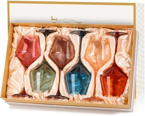 Colored Wine Glasses Set Of 6-17.5oz Hand Blown Crystal Colorful Wine Glasses With Long Stem and Thin Rim,Muticolor Wine Glass Wedding gift set for wine lovers Red White Wine Dinner
