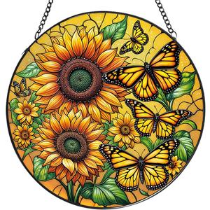 Sunflower Suncatcher,Butterfly Stained Glass Window Hanging,Crystal Suncatcher for Windows,Sunflower Decor Indoor Home & Garden Decor,Sunflower Gifts for Women,Mom,7.87 in,Mother's Day
