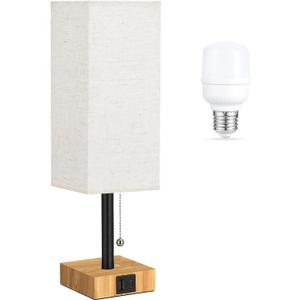 aooshine Beige Small Table Lamp for Bedroom - 3 Color Temperature 3000K 5000K 4000K Bedside Lamp, Pull Chain Control, USB A and C Ports, Wood-Grain Base, Bulb Included