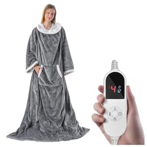 Wearable Electric Blanket Heated Throw, 52" x 72" Fast Heating Wrap Poncho Shawl with Foot Pocket & Sleeves, 6 Heat Levels & 12 Hours Auto Shut-Off, Machine Washable, ETL & FCC Certified, Grey