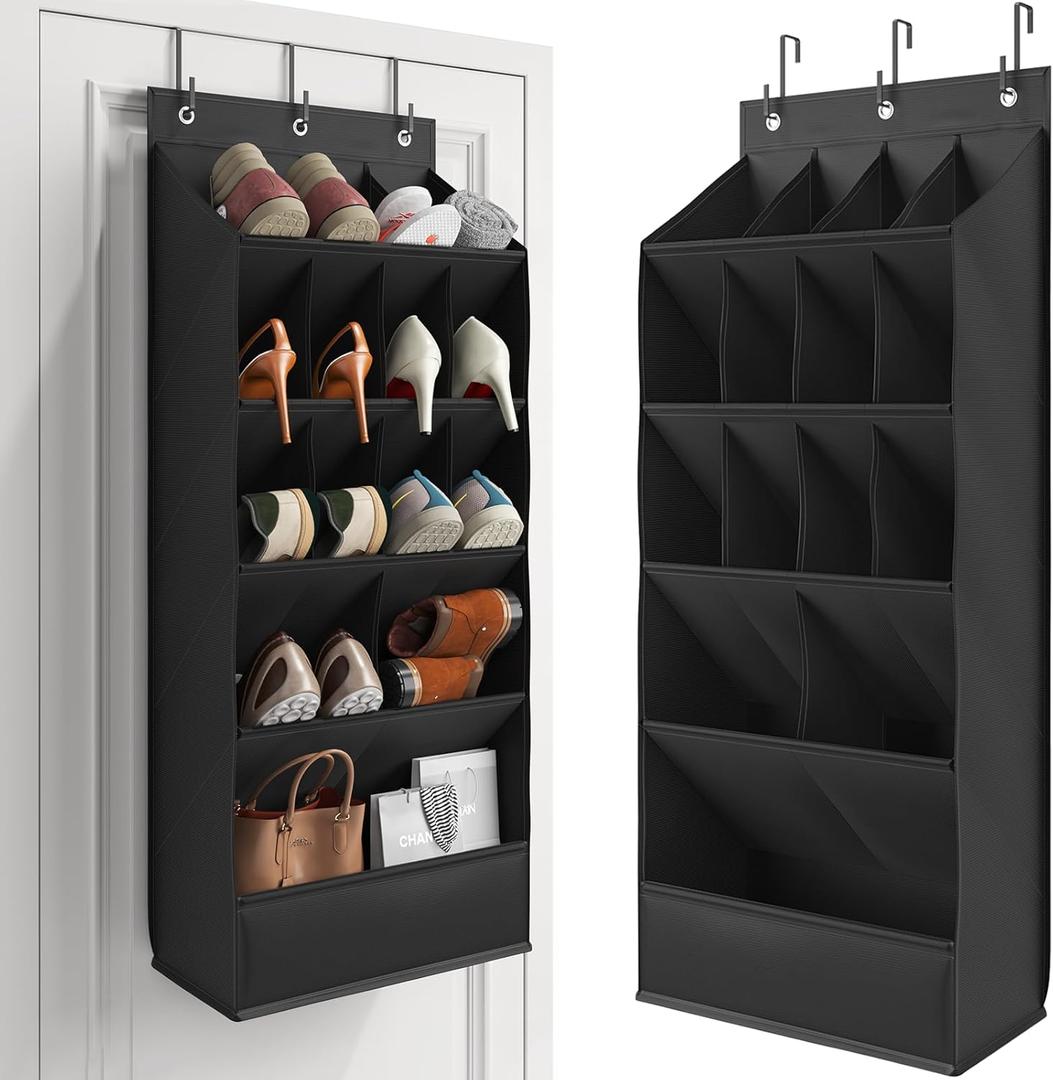 Mefirt Over the Door Shoe Rack with Large Deep Pockets, Door Shoes Organizer for Closet, Hanging Boots Shoe Rack, Behind the Door Narrow Shoe Holder, Multiple Pockets for Flexible Storage, Black