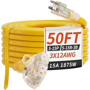 PlugSaf 50 FT 12/3 Gauge Outdoor Extension Cord with Multiple Outlets Light Indicator, Flexible 3 Outlet Weatherproof Heavy Duty Extension Cord Waterproof Yellow, 15A 1875W 12AWG SJTW, ETL Listed