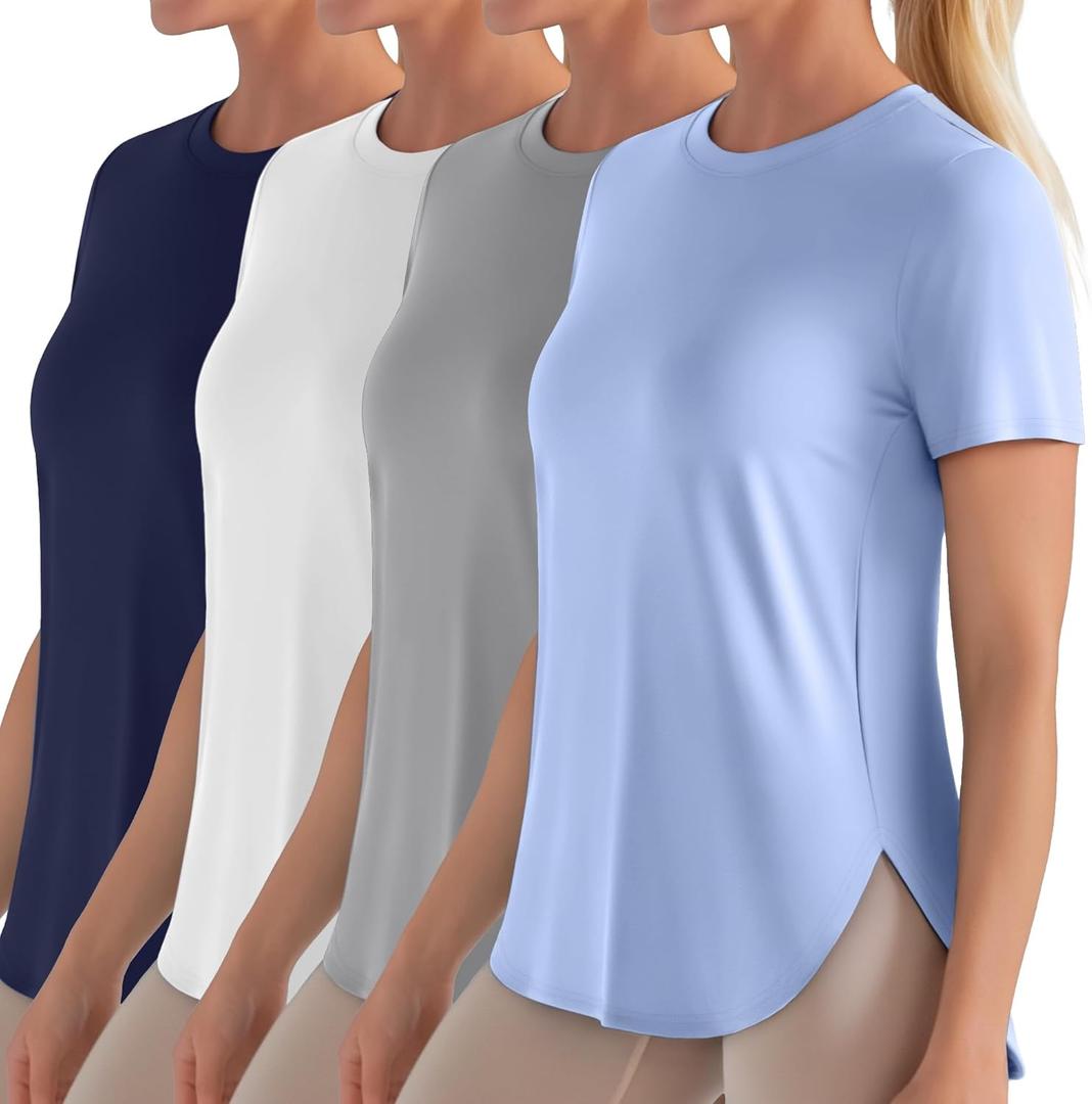 4 Pack Women's Workout T Shirts Short Sleeve Athletic Basic Tee Tops Quick Dry UPF 50+ Sun Protection with Split Hem (X-Large, Navy Blue,white,light Gray,light Blue)