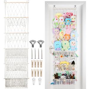 5 Tier Stuffed Animal Storage Shelf Net, 17x61 Inch Large Plushie Net w/LED Light & Clips for Mini Medium Stuffy Teddy, Beige Boho Macrame Wall Toy Holder Display for Nursery Kids Girls Boys