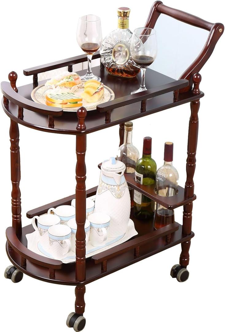 Bar Cart, Home Bar Service Cart with Wheels, 2-Layer Wine Mobile Trolley, Solid Wood Storage Rack with Bottle Rack, Mobile Food Cart Suitable for Home, Bar, Beauty Shop (Brown), 31.5 x 15.7 x 35.4 inches